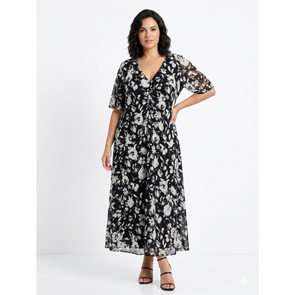 Connected Apparel Black White Floral Jersey Midi Dress 18W TKG47218L New